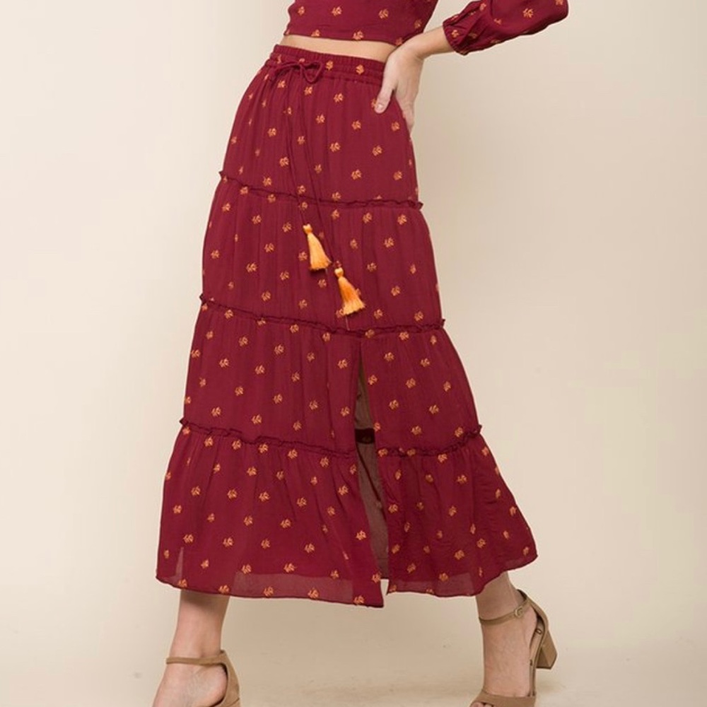 RAGA Autumn Love Tiered Slit Maxi Skirt floral embroidered